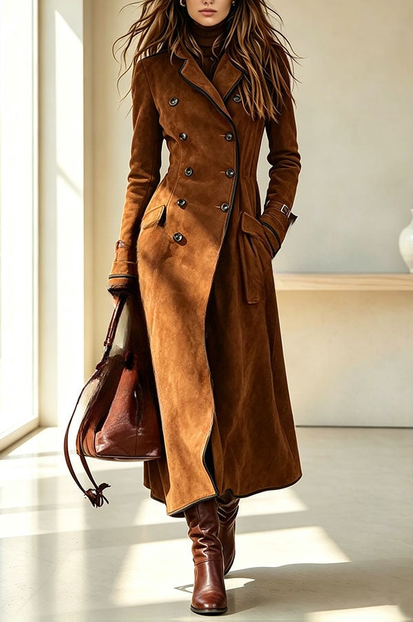 Ophélie | Long trench en suédine à revers, boutons et poches