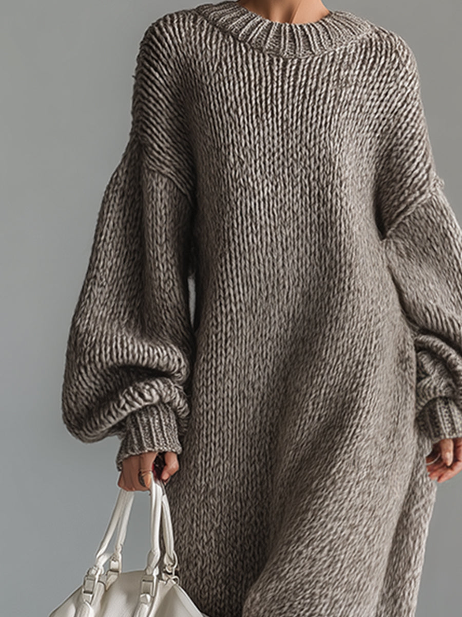Ysaline | Robe longue élégante en maille chinée kaki à col rond