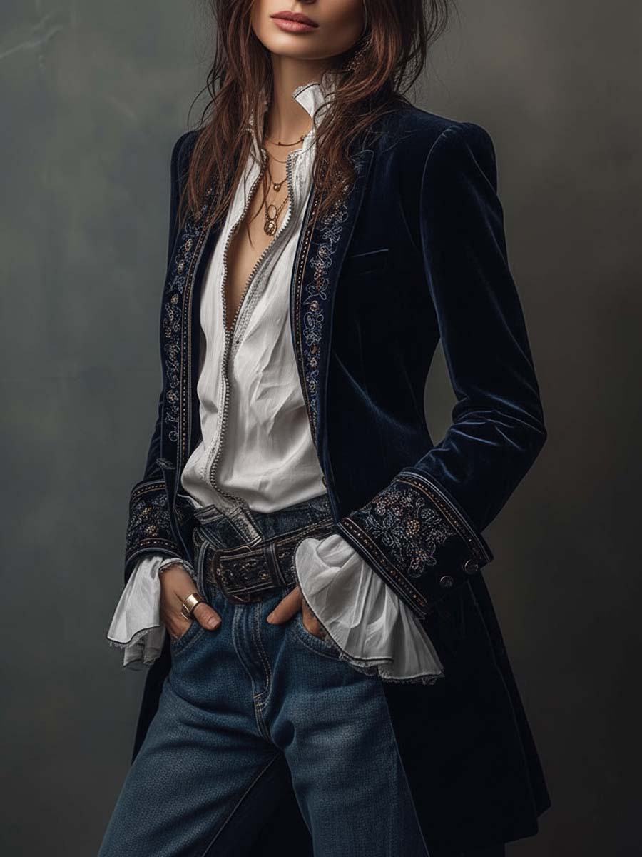 Éloïse | Veste longue brodée vintage bleu marine