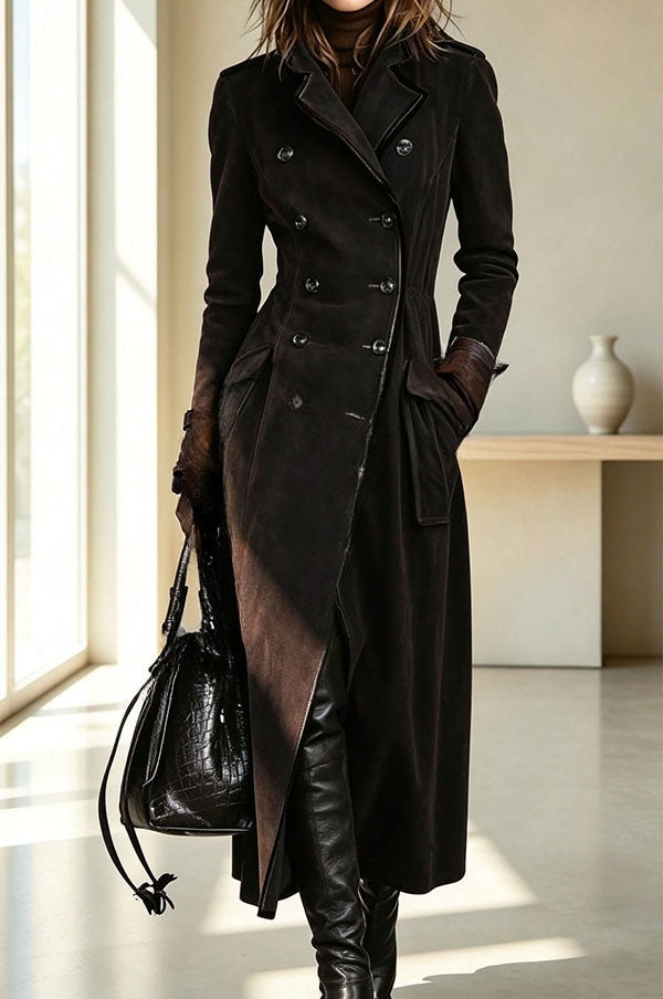 Ophélie | Long trench en suédine à revers, boutons et poches