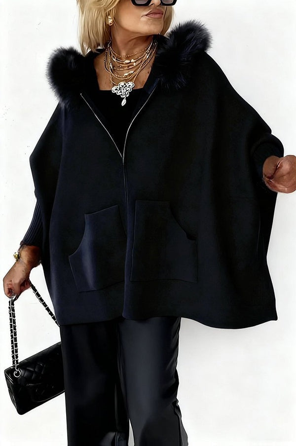 Pauline | Gilet ample en maille à capuche peluche, zip et poches