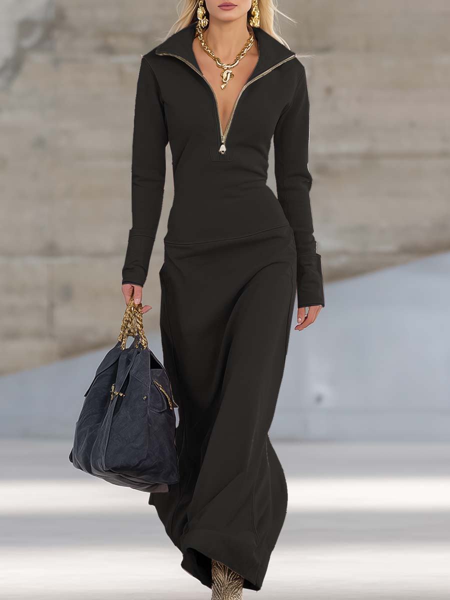 Solenne | Robe longue rétro sportive à col V, zip devant et manches longues