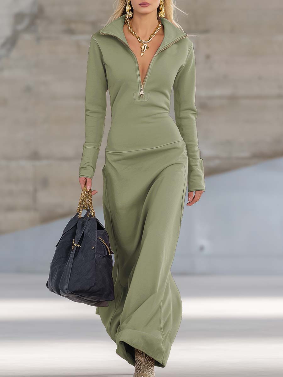 Solenne | Robe longue rétro sportive à col V, zip devant et manches longues