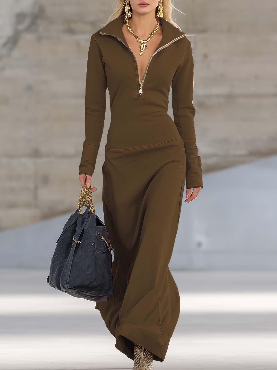 Solenne | Robe longue rétro sportive à col V, zip devant et manches longues
