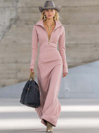 Solenne | Robe longue rétro sportive à col en V, fermeture zippée devant et manches longues