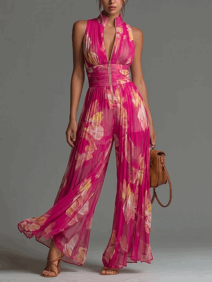 Alessandra | Mono plisado floral con cuello alto y pierna ancha
