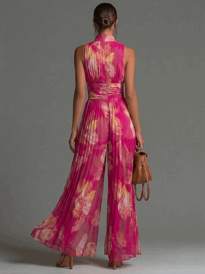 Alessandra | Mono plisado floral con cuello alto y pierna ancha