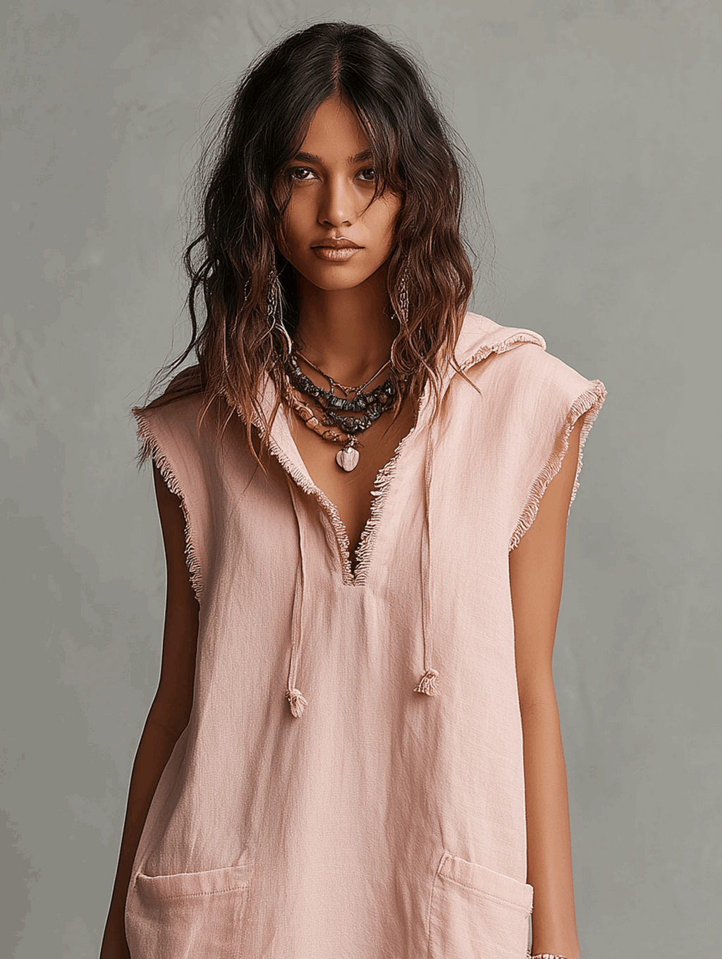 Coral | Vestido con capucha y bajo desflecado