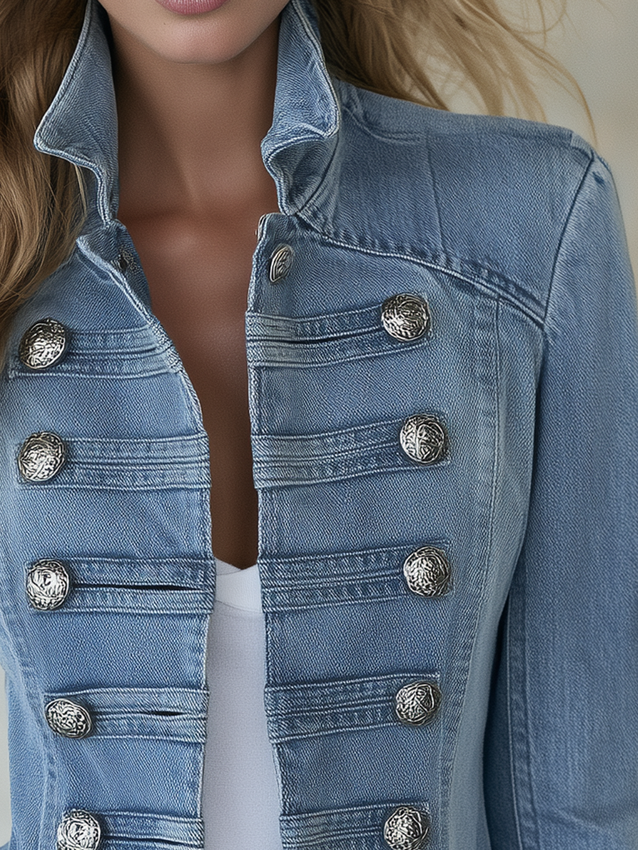 Émilie | Veste militaire en jean bleu à col montant
