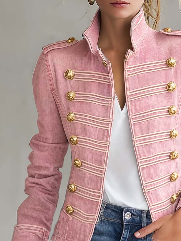 Marion | Veste militaire en jean rose à boutons dorés