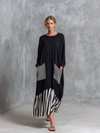 Stéphanie | Robe longue noire oversize à bandes patchwork