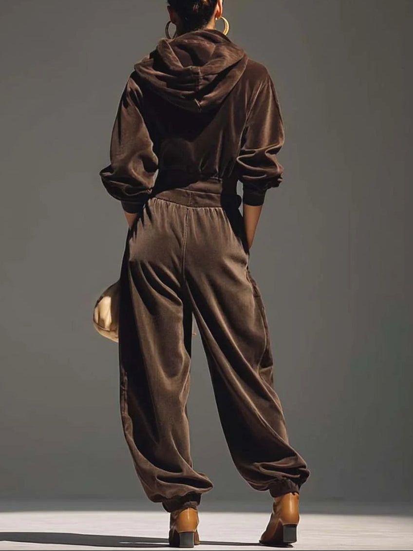 Gabrielle | Ensemble vintage marron en velours : sweat à capuche et pantalon ample (ceinture incluse)