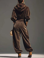 Gabrielle | Ensemble vintage marron en velours : sweat à capuche et pantalon ample (ceinture incluse)