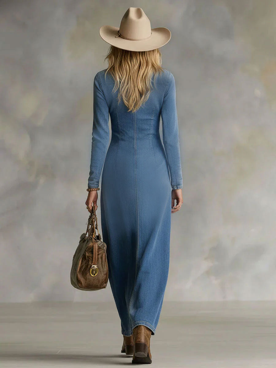 Agathe | Robe longue en jean à col en V, boutonnage simple, fente latérale et manches longues
