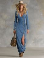 Agathe | Robe longue en jean à col en V, boutonnage simple, fente latérale et manches longues