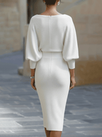 Camille | Robe Midi Drapée Blanche à Manches Chauve-Souris