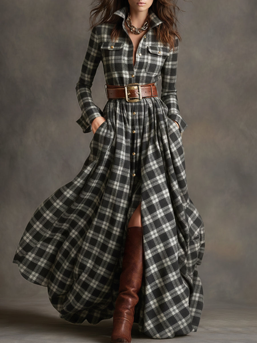 Margaux | Robe longue à revers et carreaux brun rougeâtre, style ethnique rétro