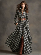 Margaux | Robe longue à revers et carreaux brun rougeâtre, style ethnique rétro