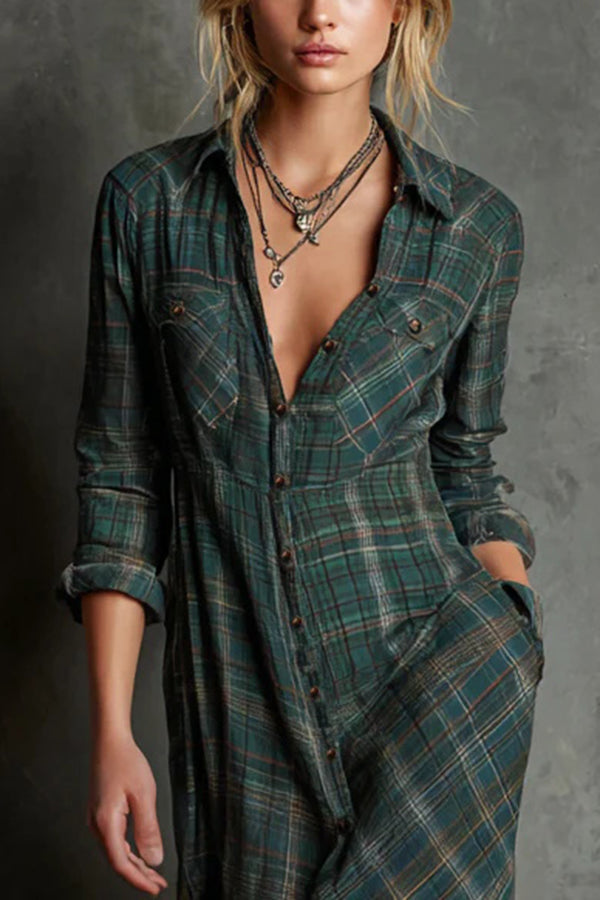 Ombeline | Robe chemise longue à carreaux, boutonnée sur le devant, à manches longues pour femme