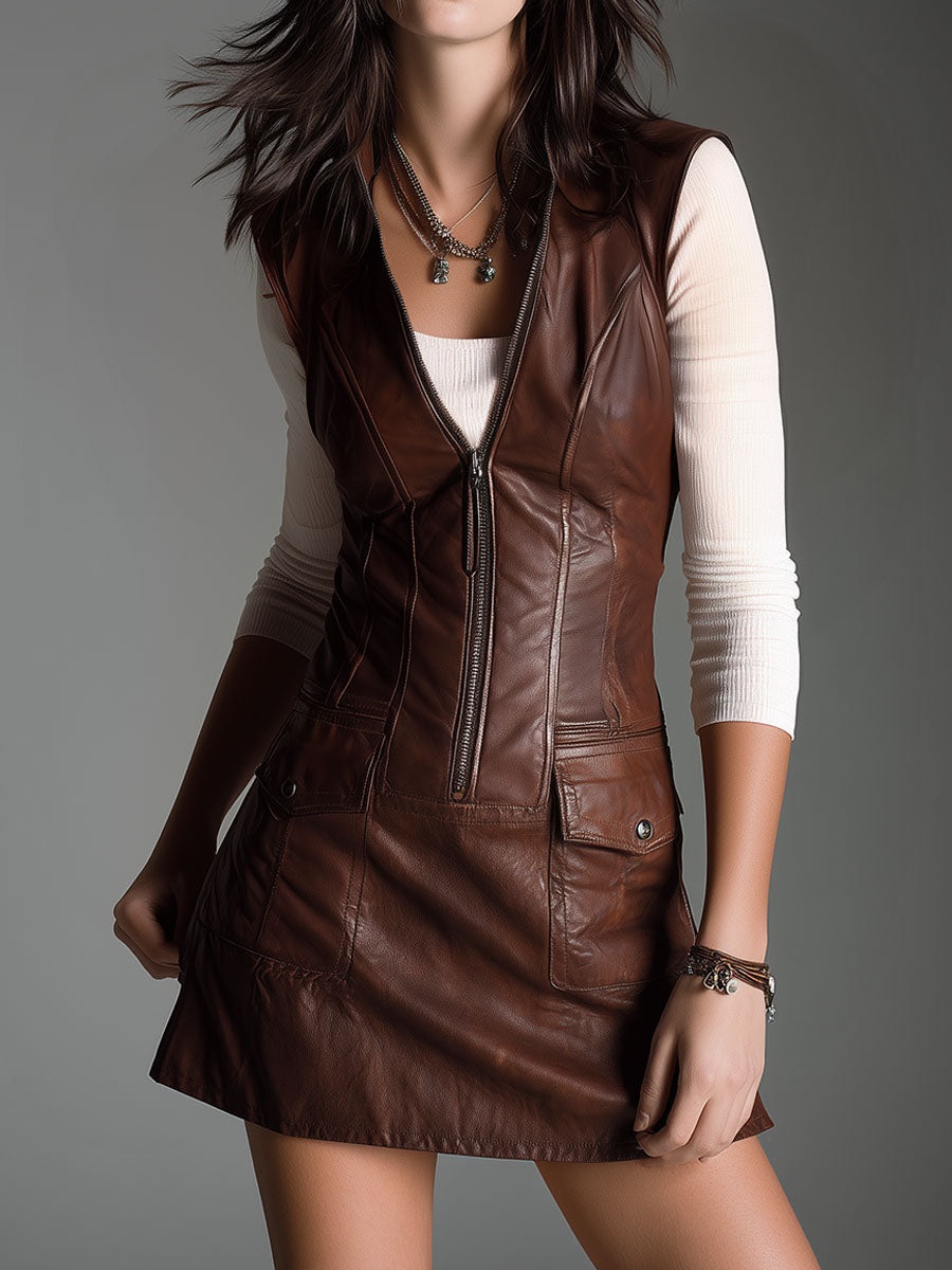 Manon | Mini-robe en cuir écologique marron chocolat, zippée à l'avant et poches utilitaires