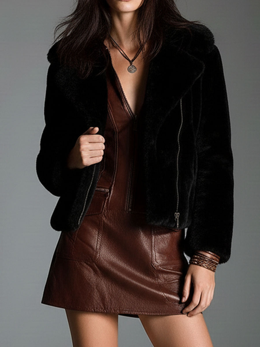 Manon | Mini-robe en cuir écologique marron chocolat, zippée à l'avant et poches utilitaires