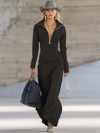 Solenne | Robe longue rétro sportive à col en V, fermeture zippée devant et manches longues