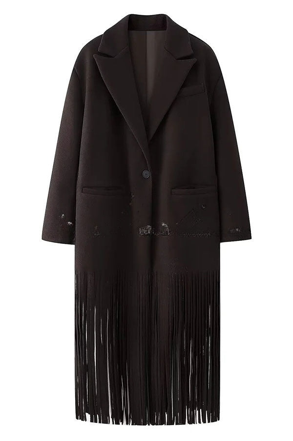 Roxane | Manteau mi-long en laine mélangée à revers, poches et franges