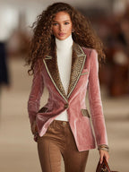 Mélusine | Blazer rose en velours à imprimé léopard et un bouton