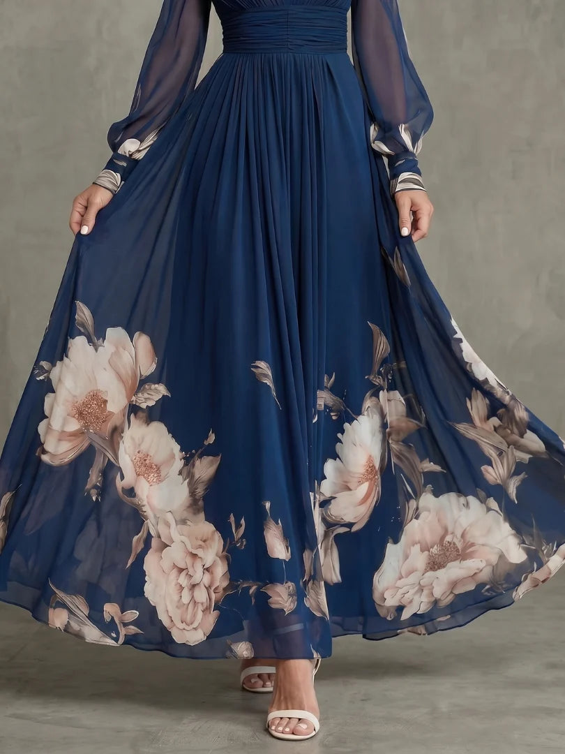 Claudine | Robe longue florale décolleté en V et manches longues