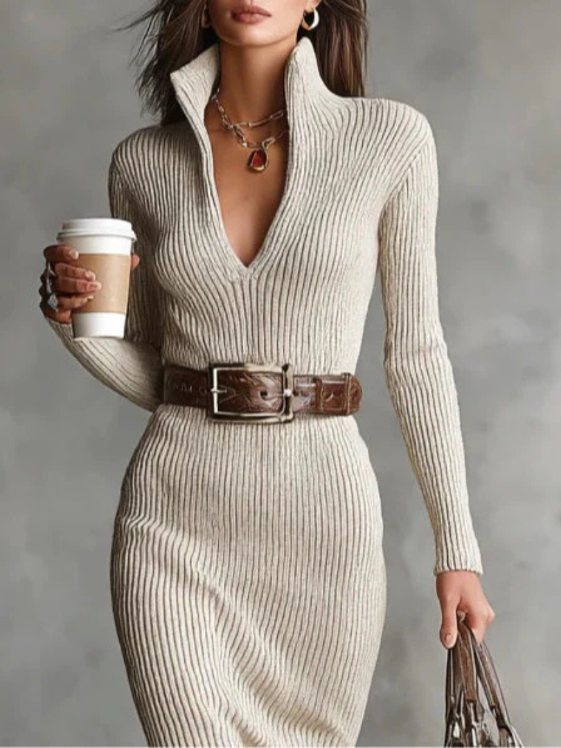Liséa | Robe mi-longue en maille côtelée à col en V et ceinture pour femme