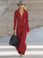 Solenne | Robe longue rétro sportive à col en V, fermeture zippée devant et manches longues