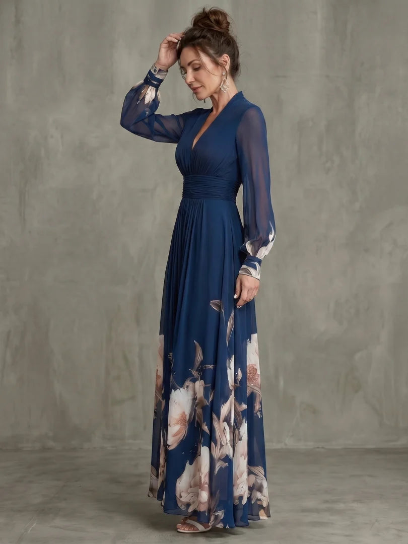 Claudine | Robe longue florale décolleté en V et manches longues