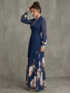 Claudine | Robe longue florale décolleté en V et manches longues