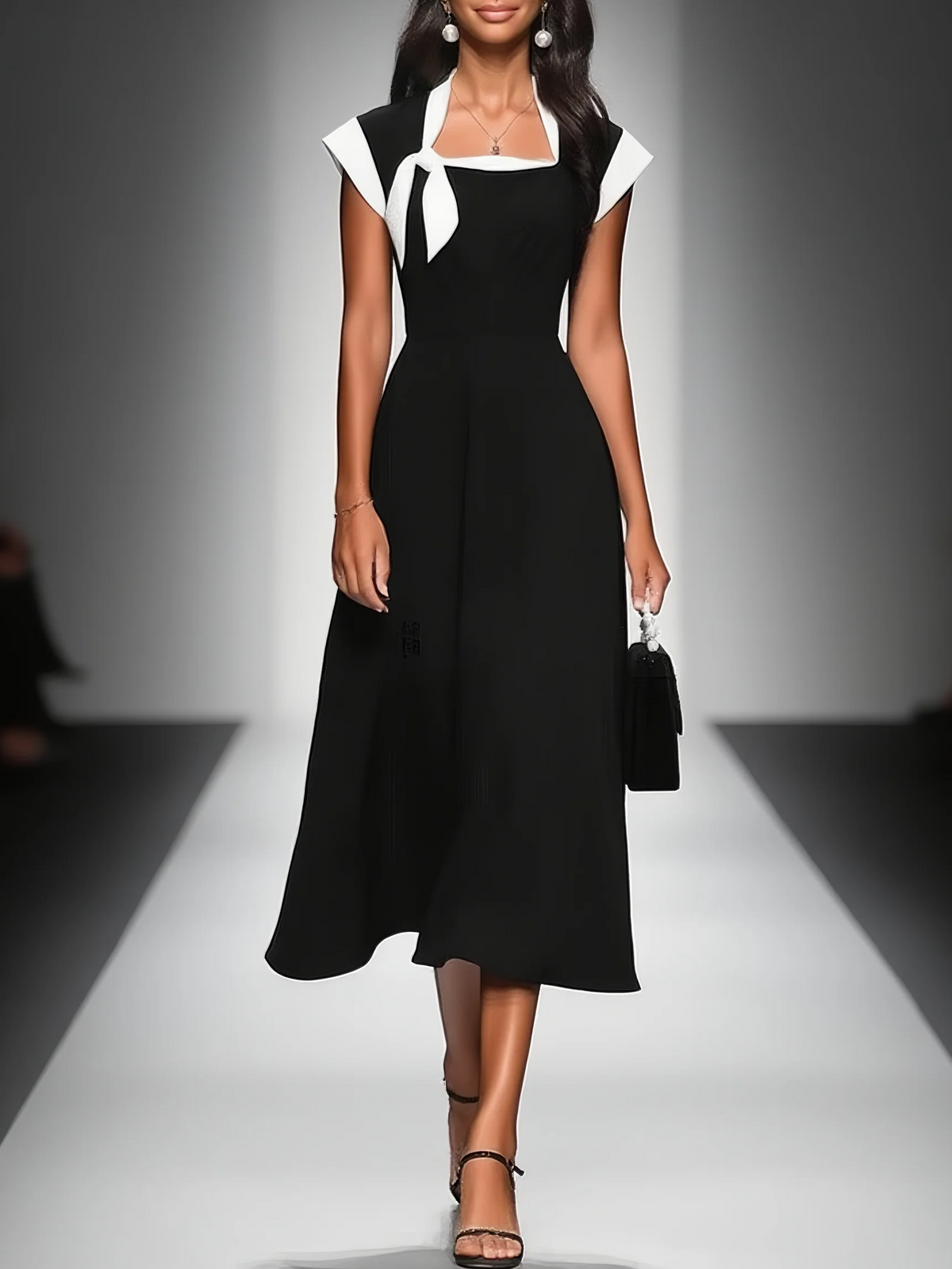 Louane | Robe Midi Femme Bicolore Col Carré Manches Capes Cintrée à la Taille