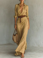 Aliénor | Robe longue portefeuille ceinturée à col V