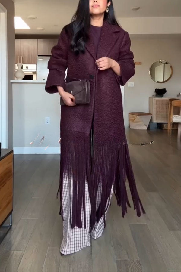Roxane | Manteau mi-long en laine mélangée à revers, poches et franges