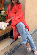 Inès | Long manteau kimono ample en satin jacquard imprimé à manches chauve-souris