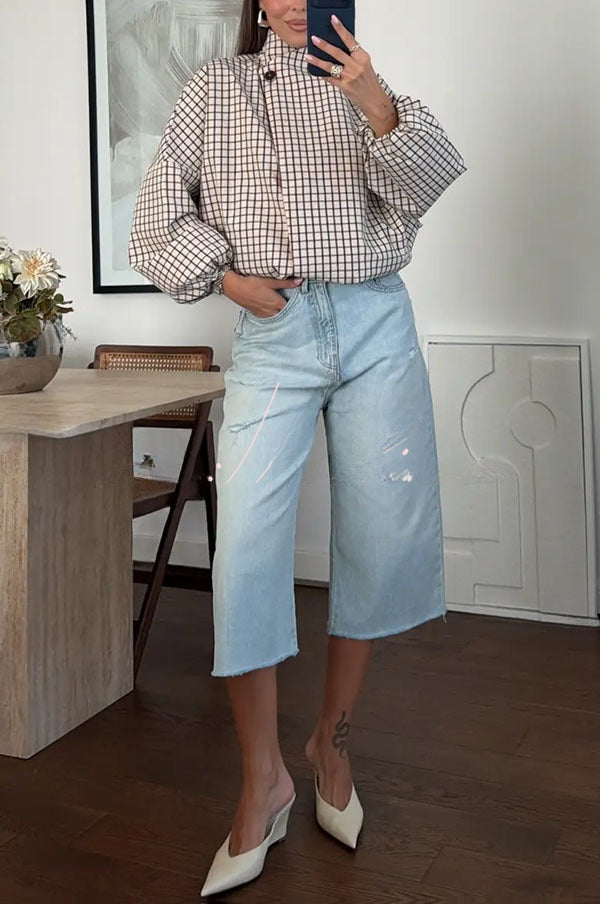 Capucine | Blouson bomber à carreaux décoratifs, manches ballon et poches