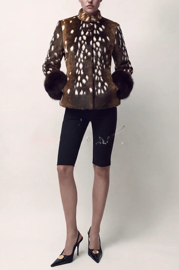 Faustine | Veste rétro en fausse fourrure imprimé animal, col montant et poignets duveteux