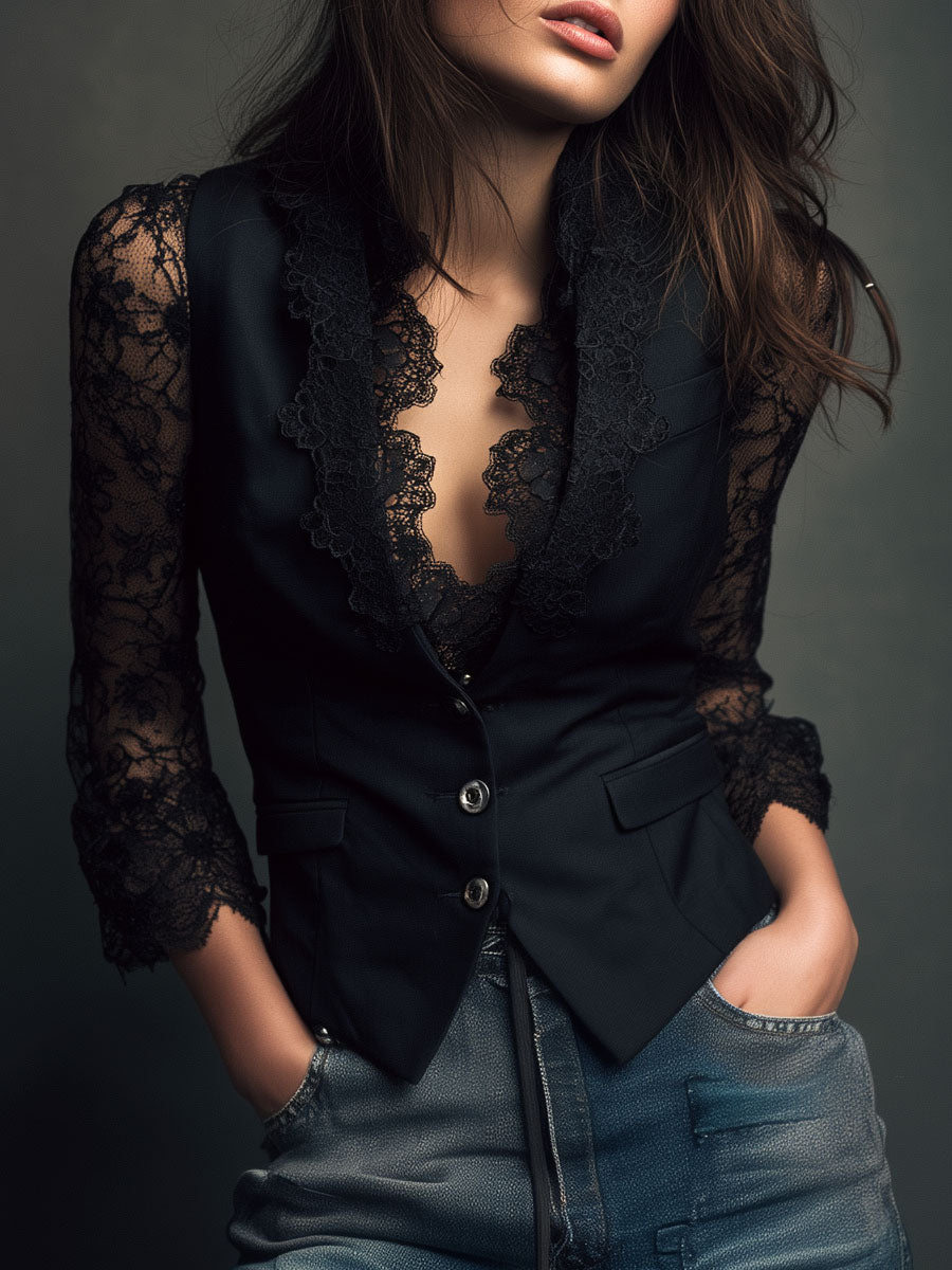 Célestine | Haut blazer noir à manches semi-transparentes