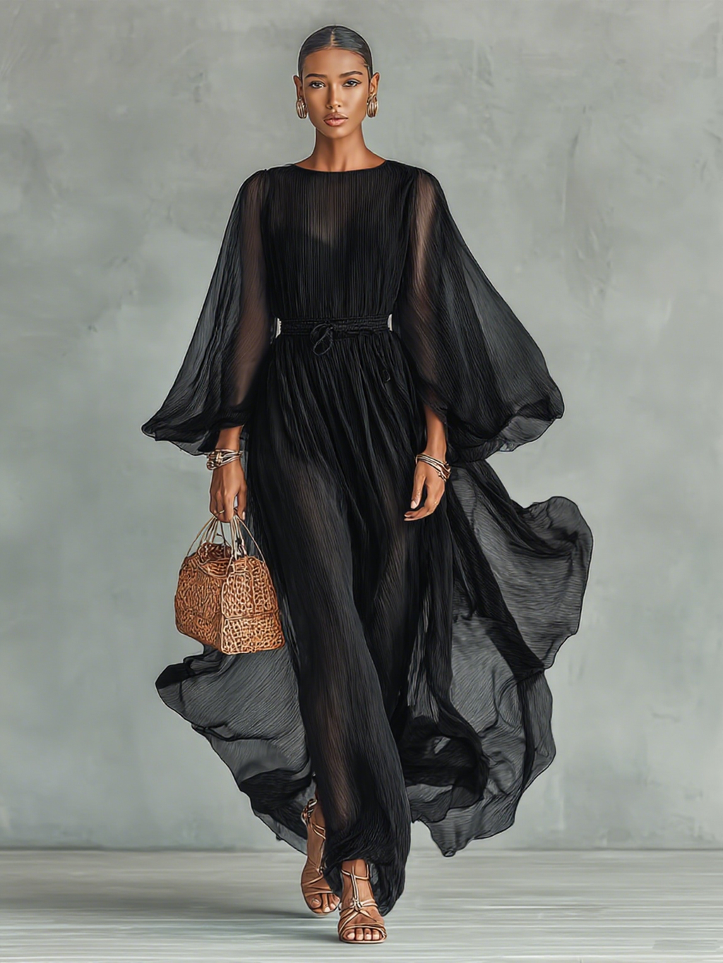 Isaure | Robe mi-longue plissée à manches transparentes et ceinture pour femme