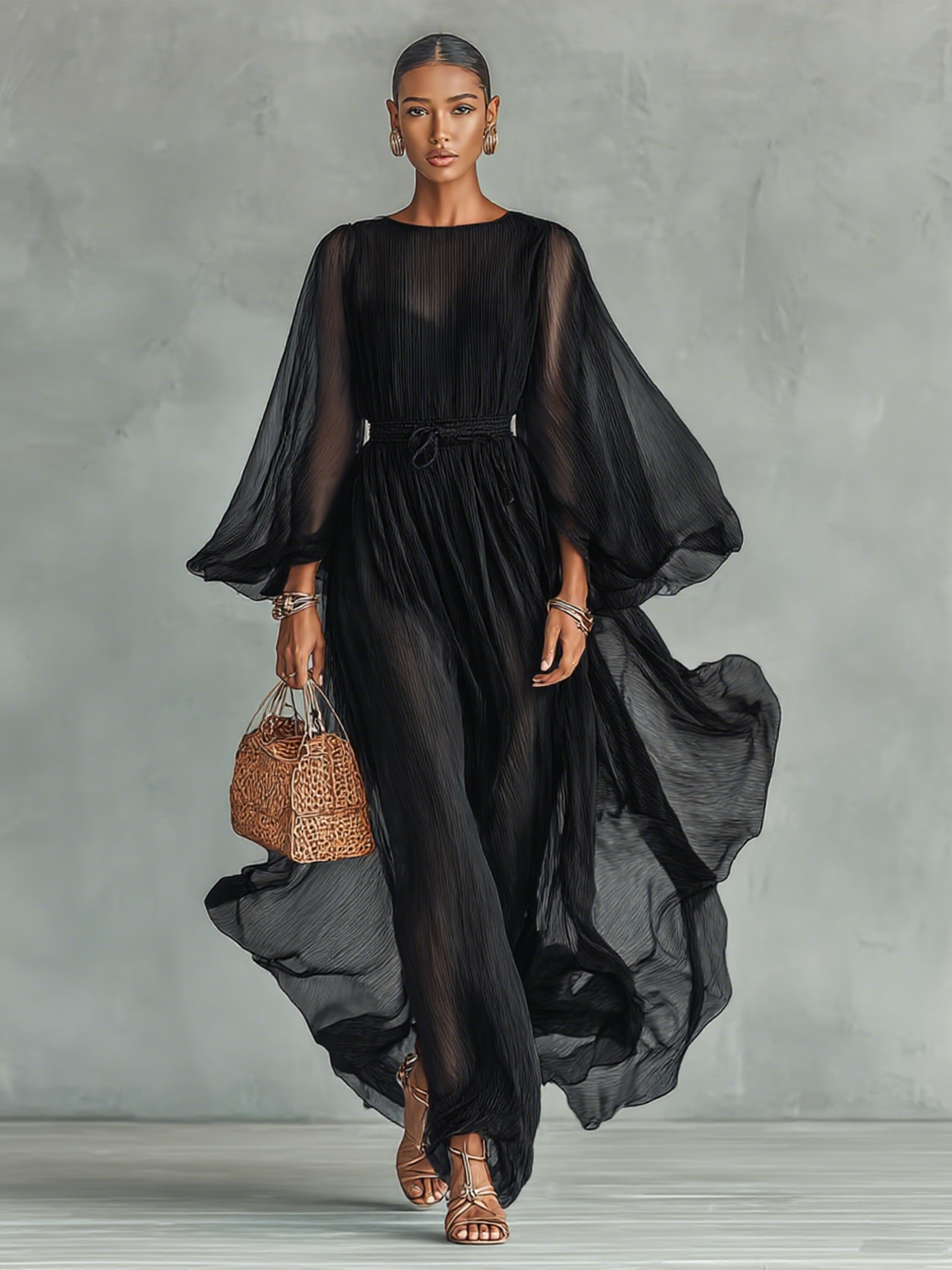 Isaure | Robe mi-longue plissée à manches transparentes et ceinture pour femme