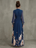 Claudine | Robe longue florale décolleté en V et manches longues