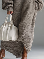 Ysaline | Robe longue élégante en maille chinée kaki à col rond
