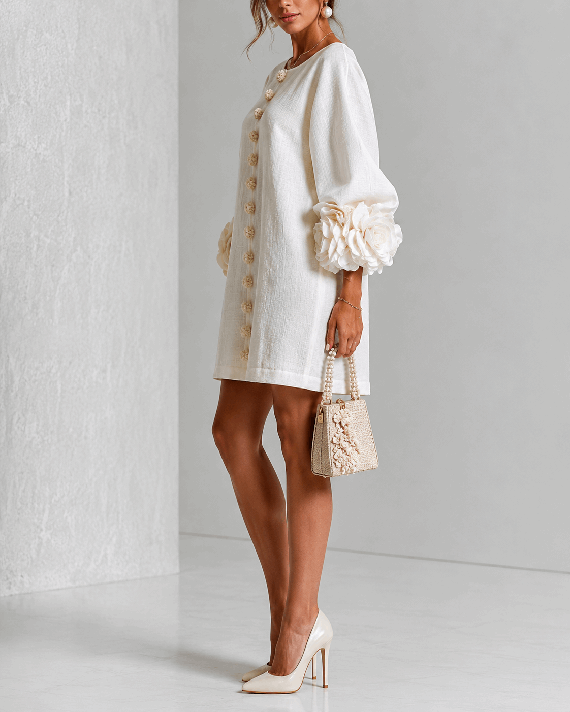 Paloma | Vestido texturizado de escote redondo y puños florales