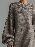 Ysaline | Robe longue élégante en maille chinée kaki à col rond