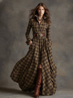 Margaux | Robe longue à revers et carreaux brun rougeâtre, style ethnique rétro