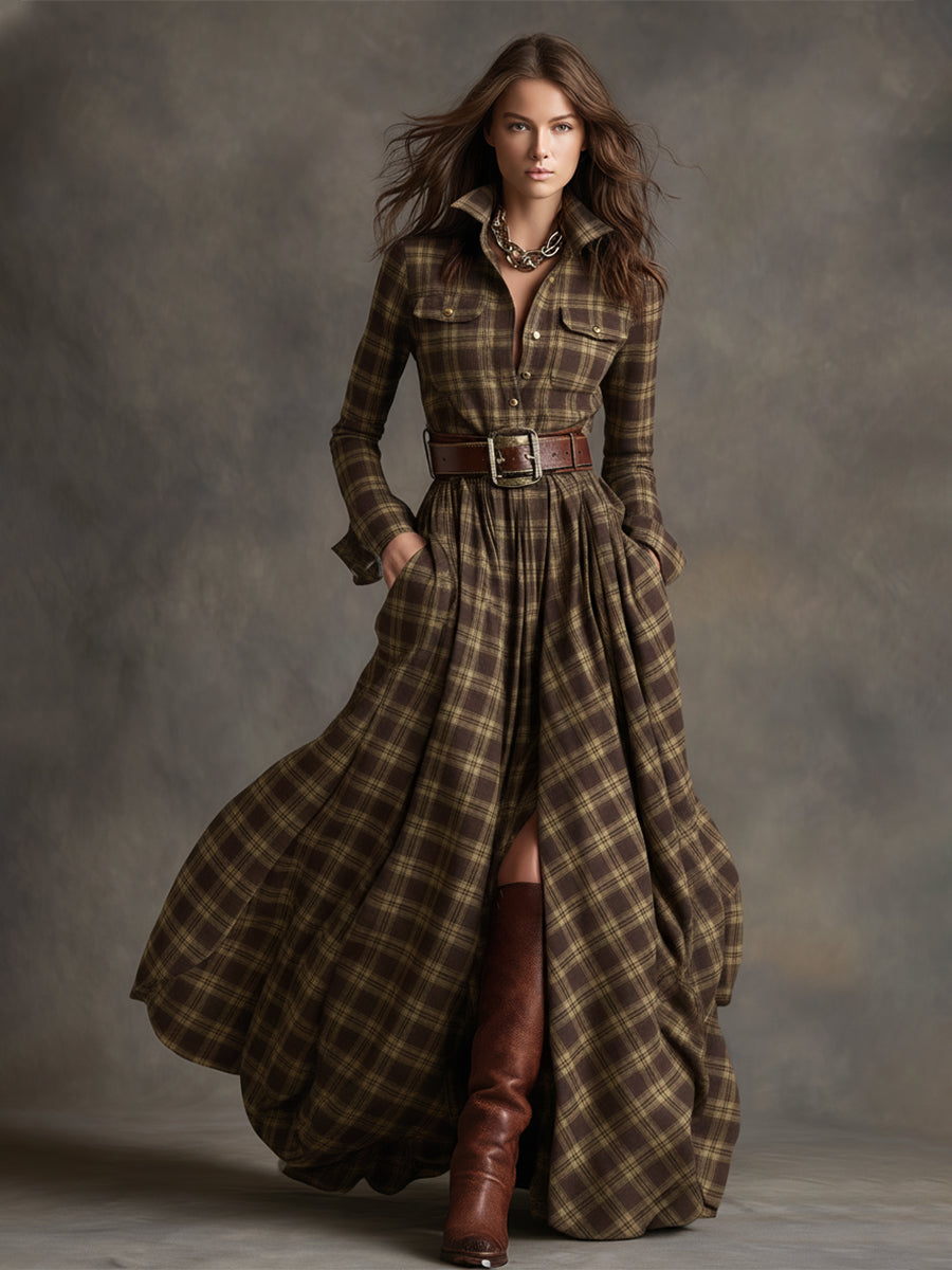 Margaux | Robe longue à revers et carreaux brun rougeâtre, style ethnique rétro