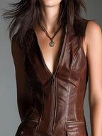 Manon | Mini-robe en cuir écologique marron chocolat, zippée à l'avant et poches utilitaires