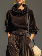 Gabrielle | Ensemble vintage marron en velours : sweat à capuche et pantalon ample (ceinture incluse)